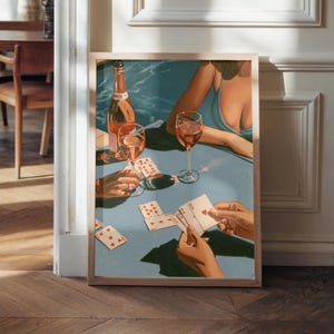 Sommerabend am Billardtisch mit Spielkarten. Poster: Frauen, Champagner/Wein, handgemalter Look – Vintage-Wanddekoration