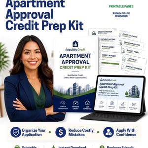 May include: The Rebuildly.Credit Apartment Approval Credit Prep Kit includes 26 printable pages and 9 ready-to-use resources. The kit features a digital tablet display, a document cover, and various worksheets for credit management, rental applications, and budget planning.