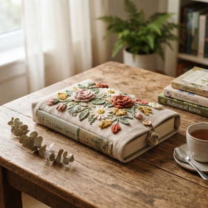 May include: A beige fabric book cover featuring intricate crochet floral embellishments in shades of pink, orange, white, and green. The cover includes a small wooden button closure and is wrapped around a book titled The Hidden Garden.