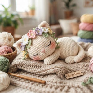 Puede incluir: Un gatito de peluche tejido a ganchillo de color crema durmiendo sobre una manta beige texturizada. El gatito tiene los ojos cerrados, mejillas rosadas y una corona de pequeñas flores en tonos pastel y hojas verdes. Una etiqueta de madera dice Sleepy Kitten.