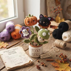 May include: A ceramic pot labelled SPOOKY FRIENDS containing four crocheted figures on stems: an orange pumpkin, a black cat, a purple flower with a ghost centre, and a green mushroom with white spots, alongside a pattern book titled SPOOKY FOREST FRIENDS.