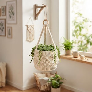 May include: A cream-colored crocheted plant hanger featuring a textured bobble stitch pattern and a circular wooden ring at the top. The hanger is suspended from a wooden wall bracket and contains a trailing green string of pearls plant.