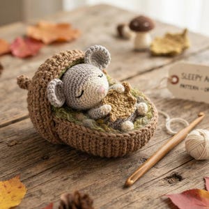 May include: A crocheted gray mouse sleeping inside a brown acorn-shaped vessel. The mouse is covered by a small tan blanket. Beside the acorn is a wooden crochet hook, a small ball of white yarn, and a tag labeled SLEEPY ACORN MOUSE PATTERN - ORIGINAL DESIGN.