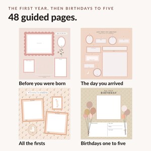 May include: A baby memory book with 48 guided pages featuring sections titled The First Year, Then Birthdays to Five, Before you were born, The day you arrived, All the firsts, and Birthdays one to five with frames for photos.