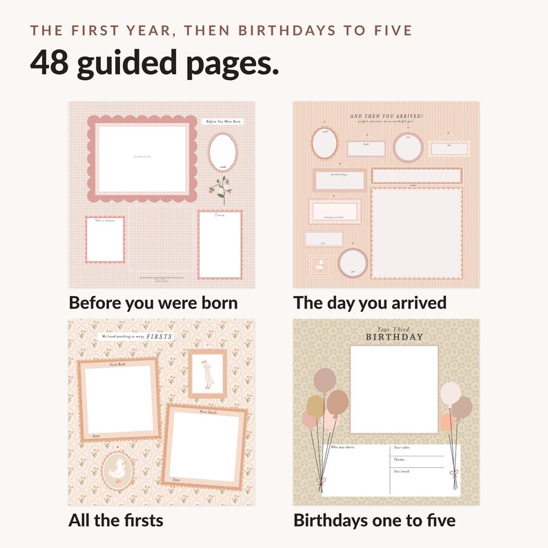 May include: A baby memory book with 48 guided pages featuring sections titled The First Year, Then Birthdays to Five, Before you were born, The day you arrived, All the firsts, and Birthdays one to five with frames for photos.
