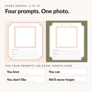 May include: Two rectangular milestone journal pages with a central scalloped photo frame and four prompts: We'll never forget, You love, You don't like, and You can. One page has a light pink floral pattern, the other a dark green geometric pattern.