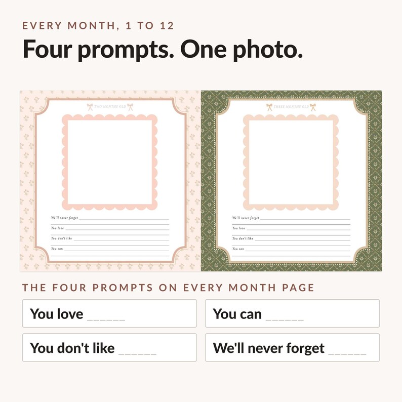 May include: Two rectangular milestone journal pages with a central scalloped photo frame and four prompts: We'll never forget, You love, You don't like, and You can. One page has a light pink floral pattern, the other a dark green geometric pattern.