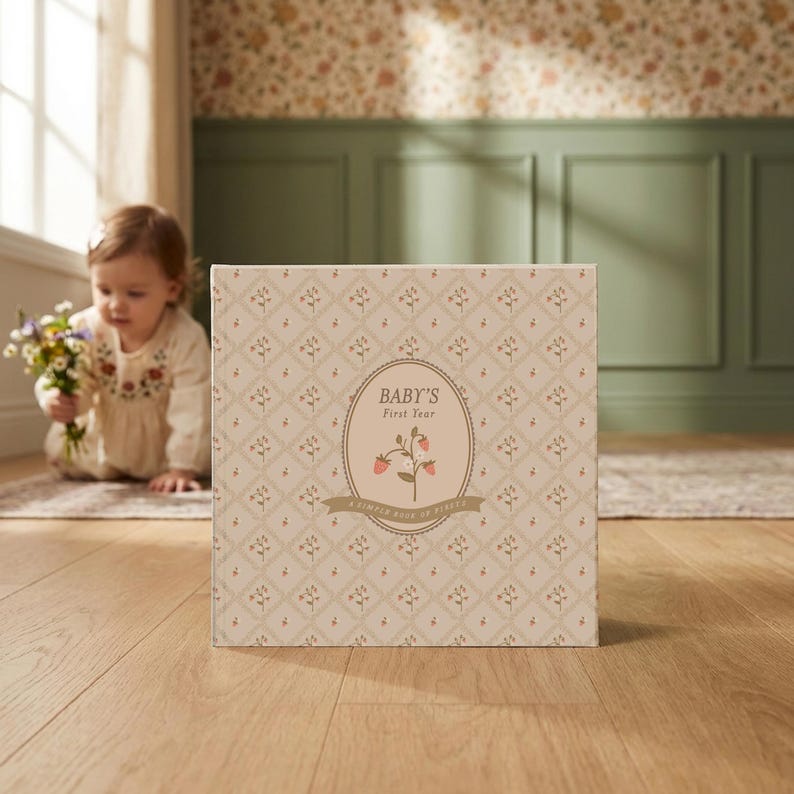 May include: A square book with a cream-colored cover featuring a repeating diamond pattern with small floral sprigs. The center has an oval frame containing the text "BABY'S First Year" and a strawberry illustration above a banner.