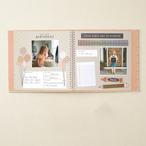 May include: A spiral-bound memory book with two open pages. The left page features a photo of a birthday cake and text reading Your Fifth BIRTHDAY. The right page displays a photo of a child and text reading YOUR FIRST DAY OF SCHOOL.