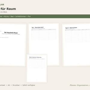 Könnte beinhalten: Ein digitales Haushaltsplaner-Set bestehend aus vier weißen A4-Seiten mit schwarzem Text. Die Seiten enthalten Überschriften wie Der Haushalts-Reset, Tag 1 - Was stresst mich?, Tag 3-7 - Raum für Raum und Woche 2 - Was ich nur 10 Minuten habe.