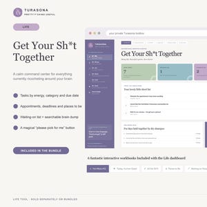 May include: A digital dashboard interface titled Get Your Sh*t Together by Turasona. The layout features a purple sidebar, task lists, appointment trackers, and a searchable brain dump section. It includes six interactive workbooks for organisation.