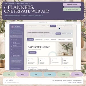 May include: A digital interface for a web application titled The Pretty F*cking Useful Toolbox, featuring a dark purple sidebar with six planner sections, a main dashboard with task tracking, and a light-colored background with text.