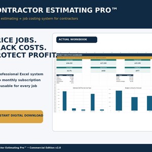 Op de afbeelding: Digitaal Excel-systeem Contractor Estimating Pro voor projectkostencalculatie. De interface toont een Project Executive Dashboard met financiële gegevens, staafdiagrammen en tabellen. Tekst: Price Jobs, Track Costs, Protect Profit en Actual Workbook.