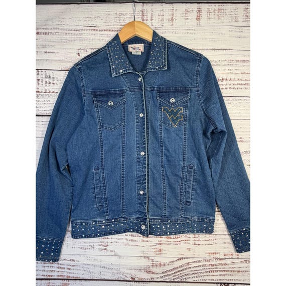 Nitro USA WVU West Virginia Mountaineers Rhinestone Denim Jacket Womens M Y2K