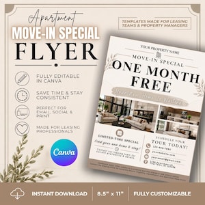Op de afbeelding: Een digitaal flyertemplate voor appartementverhuur met de tekst Apartment Move-In Special Flyer en One Month Free. Het ontwerp bevat tijdelijke aanduidingen voor foto's, contactgegevens en een Canva-logo, met afmetingen van 21,6 bij 27,9 cm.