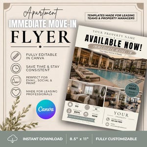 May include: An 8.5" x 11" apartment flyer template for leasing teams. The design features a pool area, bedroom, and living room photo, with text including "AVAILABLE NOW!", "IMMEDIATE MOVE-IN", and placeholders for property details and contact information.