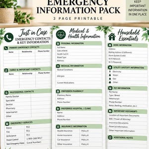 Peut inclure: Un pack d'informations d'urgence imprimable en trois pages intitulé Just in Case. Les pages comprennent des sections pour les contacts d'urgence, les informations médicales et les essentiels du foyer avec des champs pour les données personnelles.