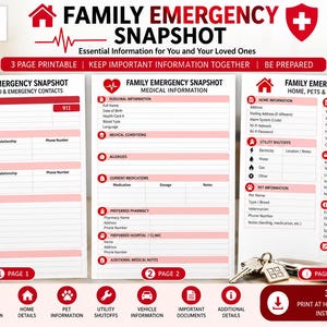 Peut inclure: Un ensemble de documents imprimables Family Emergency Snapshot de trois pages avec des en-têtes rouges et blancs, des icônes et des champs organisés pour les contacts, les informations médicales, le domicile et les animaux de compagnie.