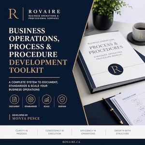 May include: A business operations, process, and procedure development toolkit manual by Rovaire. The cover features the text Business Operations, Process & Procedures Standard Operating Procedure Manual, a dark blue circular logo with an R, and a process flow chart.