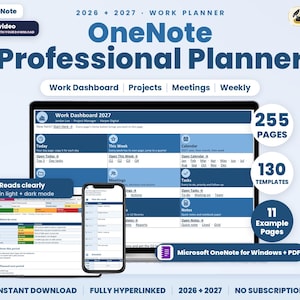 OneNote Planner 2026-2027, Tableau de bord de travail, Modèles de gestion de projet, Notes de réunion, Agenda hebdomadaire, 255 pages