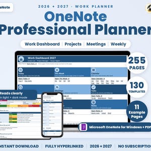 May include: A 2026 and 2027 digital work planner for OneNote featuring a professional dashboard, project tracking, meeting logs, and weekly views. Includes 255 pages, 130 templates, and 11 example pages, compatible with Windows and PDF.