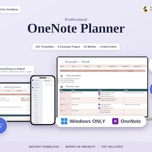 Op de afbeelding: Een digitale OneNote-planner weergegeven op een laptop, tablet en smartphone. De interface bevat 120 sjablonen, 53 weken en een gekoppelde index. De tekst bevat Professional OneNote Planner, 237 Pages en Windows ONLY.