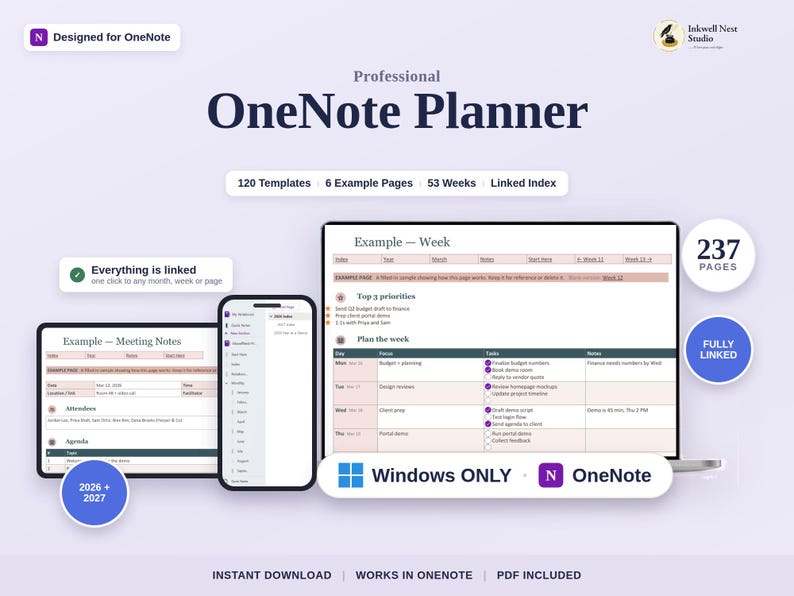 Planner Pages Onenote Professional Onenote Planner 2026-2027, Productivity & Project ...