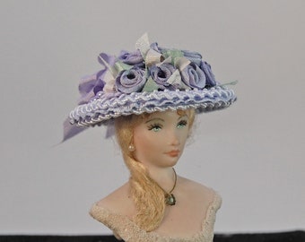 Ladies' Miniature Iris Blue Silk Bucket Hat 1:12 Inch Scale