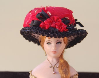 Black and White Polka Dot Miniature Hat with Red Flowers by Nancy Manders 1:12 Inch Scale