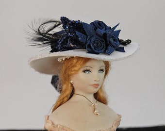 Navy and White Miniature Ladies Silk Hat 1:12 inch scale