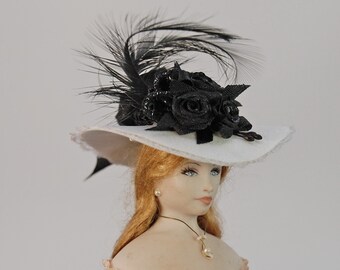 Black and White Miniature Ladies Silk Hat 1:12 inch scale