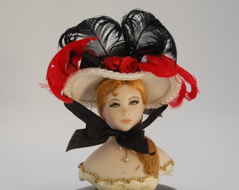 Ivory, Black and Red Silk Riding Bonnet an Original by Nancy Manders 1:12 Miniature Silk Hat