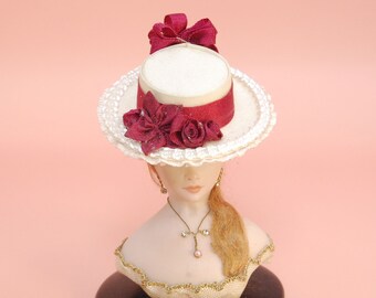 Ladies' Miniature Victorian Ivory Silk Boater Hat by Nancy Manders | 1:12 Scale