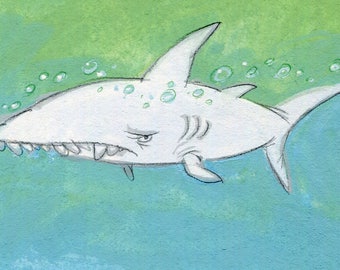 Great White Shark original gouache painting