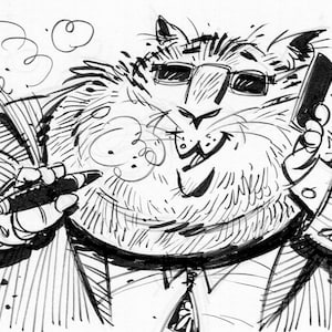 以下が含まれることがあります： サングラスとスーツを着た猫の漫画のイラスト。電話を耳に当てて、葉巻を吸っている。