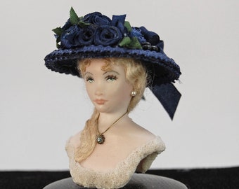 Ladies' Miniature Navy Blue Silk Bucket Hat 1:12 Inch Scale