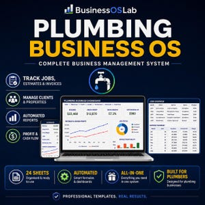 May include: A digital business management system for plumbers titled BusinessOSLab Plumbing Business OS. The display shows a dashboard with revenue, profit, and job status charts on a laptop and smartphone, alongside a job overview table.