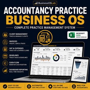 May include: A digital accountancy practice business OS dashboard displayed on a laptop and tablet screen. The interface features client management, invoice tracking, VAT and expense monitoring, deadline management, cash flow, and reporting tools.