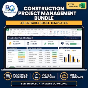 May include: A digital display showing a Construction Project Management Bundle with 48 editable Excel templates. The screen features a Construction Project Dashboard with budget, spend, variance, and progress data, plus task trackers and charts.