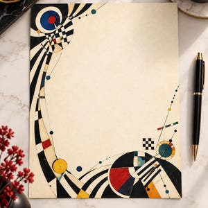 Puede incluir: Una hoja de papel de carta rectangular con un centro de color crema bordeado por patrones geométricos abstractos. El diseño incluye rayas blancas y negras, círculos en rojo, azul y amarillo, y pequeños cuadrados que forman un borde.
