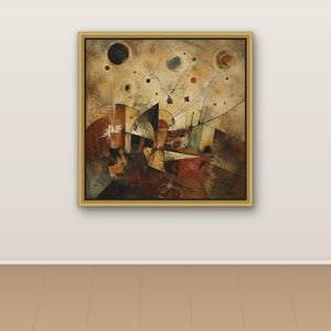 May include: A square framed painting featuring an abstract composition with earthy tones of brown, tan, and ochre. The artwork displays geometric shapes, thin radiating lines, and scattered circular elements in black, red, and blue against a textured background.