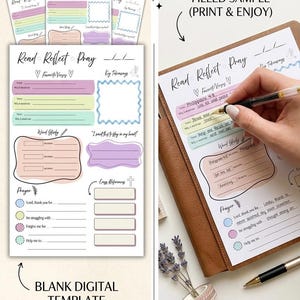 May include: A Bible study guide journal page featuring sections titled Read Reflect Pray, Favorite Verses, Key Takeaways, Word Study, and Prayer. The template includes pastel-colored boxes, lines for writing, and icons like a dove and cross.