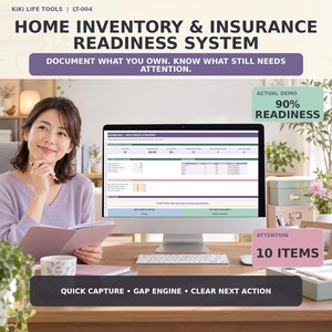 May include: A digital home inventory and insurance readiness system displayed on a computer monitor. The screen shows a dashboard with data tables, progress bars, and the text '90% READINESS' and '10 ITEMS'. The system includes quick capture and gap engine features.