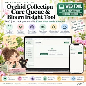 May include: A digital Orchid Collection Care Queue & Bloom Insight Tool displayed on a laptop and smartphone screen. The interface features sections for care queues, bloom history, repotting records, and collection searches, with text overlays.