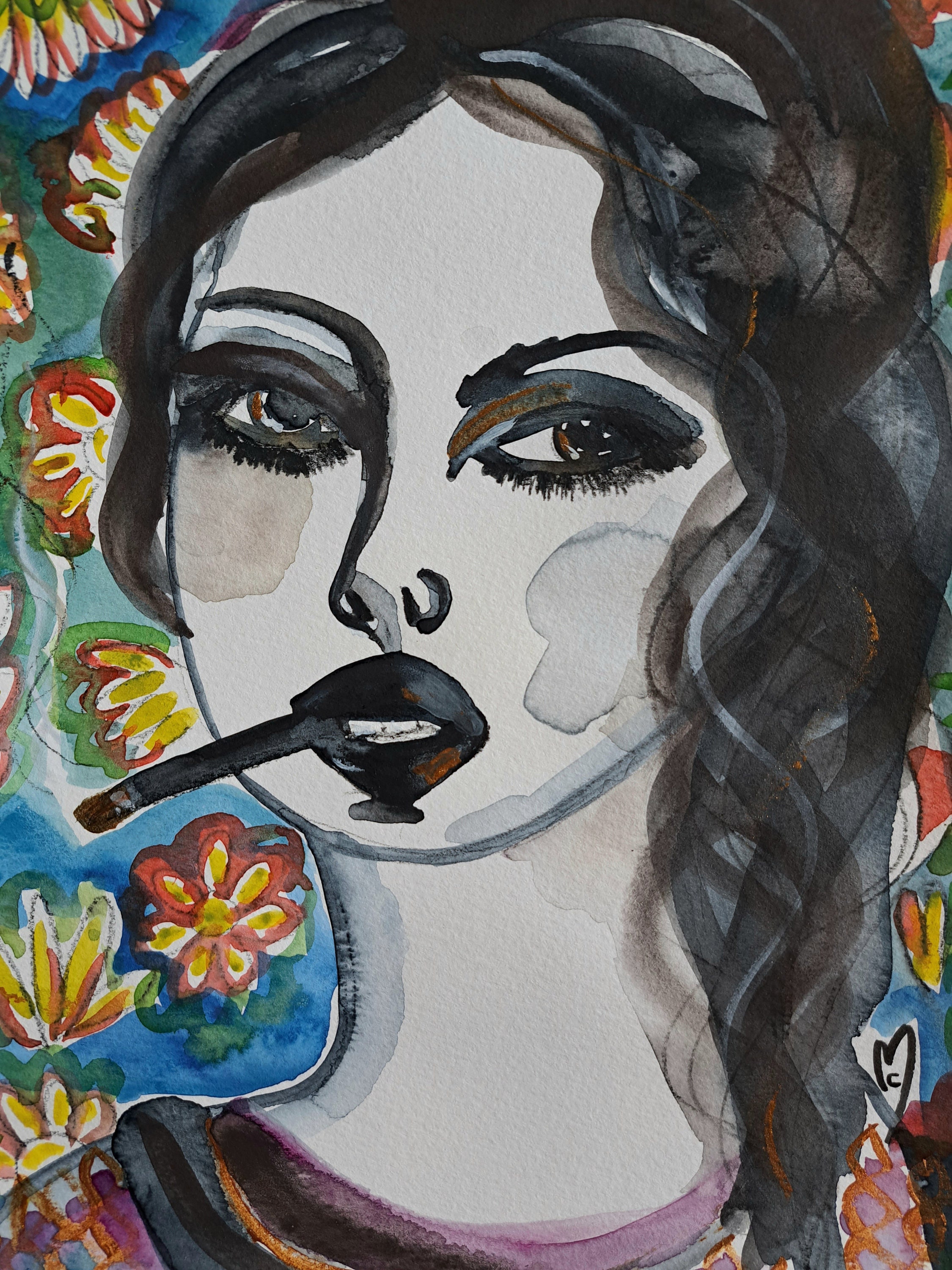 Portrait femme peinture femme visage art contemporain - émotions fleurs  femme beauté - décoration maison art original : par celine-art-galerie
