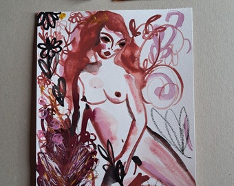 Woman Art - Woman Portrait - Woman Watercolor - Nude Drawing