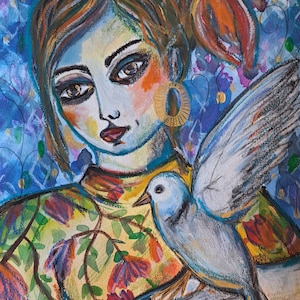 Ritratto di donna con uccello - Dipinto originale