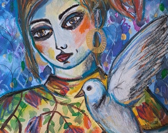 Portrait Femme Oiseau Peinture Originale, art contemporain, art original