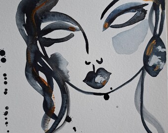 Portrait Art - woman art - woman watercolor woman ink Face Beauty Fine Art