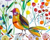 Bird Watercolor Acrylic Paint Ink Bird Painting Bird Drawing Bird Landscape Bird Decor Flowers Orange Pink Yellow Bird Wall Art Nature Decor